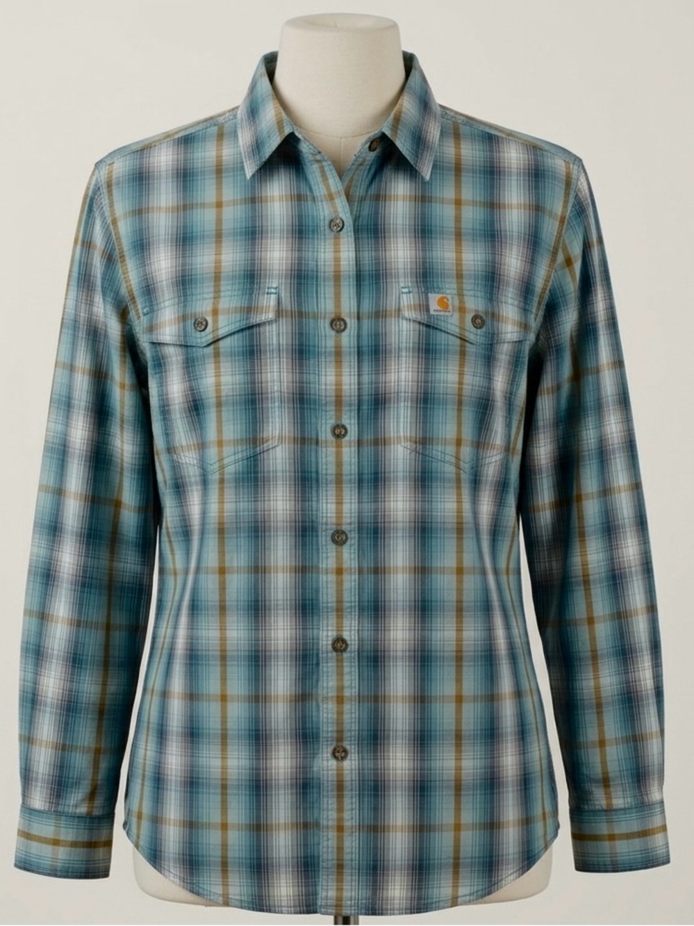 Carhartt Men's Large Relaxed Fit Plaid Shirt Long Sleeve Blue Green Tan Cotton